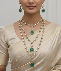 Juego de Collar de Perlas de Lujo con Colgante de Lágrima Verde de 3 Capas, Chapado en Oro, Joyería Nupcial para Novia con Pendientes a Juego para Mujer - Product Image 1