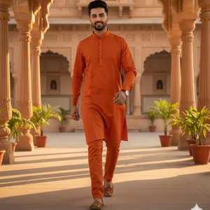 Ensemble kurta et pantalon en soie unie de style romain pour homme, cousu, infroissable, pour occasions festives et décontractées, couleur orange. - Product Image 1