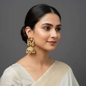 Navrathna 18K Gold Plated Brass Jhumka Drop Earrings with Pearl and Zircon - Product Image 2