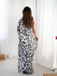 Sari moderne réversible à imprimé zèbre avec motif abstrait en polyester pour femme, tenue de soirée, longueur au sol, coupe classique - Product Image 5