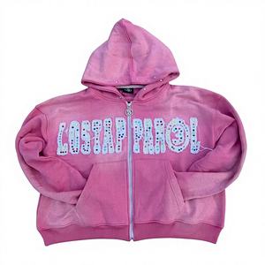 Pink Hooded Zipper Sweatshirt Women <b>Y2K</b> Glitter Print Letter Design Loose Fit Full Sleeve Spring Casual Tracksuit With Pockets - Product Image 1