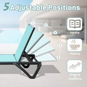 Juego de 2 Tumbonas de Patio de Aluminio y Plástico para Exteriores, Respaldo Ajustable en 5 Posiciones, Ruedas, Resistentes a la Intemperie - Product Image 6