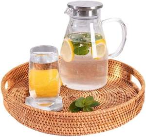 Plateau de service rond en rotin avec poignées, tressé à la main, style bohème, pour le petit-déjeuner, le thé, les collations, rangement domestique - Product Image 1