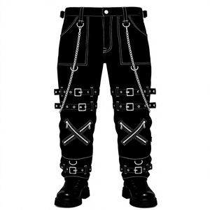 Pantalon noir de style gothique pour homme avec plusieurs poches et chaînes, taille haute, fermeture éclair, en toile, pour l'automne - Product Image 1