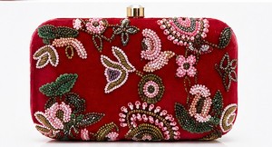 Elegant Red Velvet Clutch With Beaded Floral Embroidery Lock Closure Women's Evening Wedding Handbag - Product Image 6