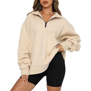 Femmes automne surdimensionné quart 1/4 Zip sweats revers col à manches longues goutte épaule solide pull pull haut - Product Image 1