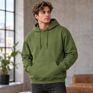 เสื้อสเวตเชิ้ตมีฮู้ดสีเขียวสำหรับผู้ชาย ทรงปกติ ผ้าฝ้ายฟลีซ สวมใส่สบาย สีพื้น เหมาะสำหรับฤดูใบไม้ร่วง - Product Image 1