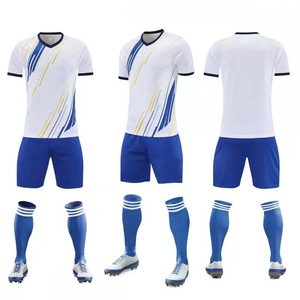 Ensemble de maillot de football blanc et bleu pour homme, manches courtes, col en V, polyester respirant, uniforme toutes saisons, vêtements pour adultes - Product Image 1