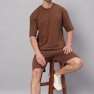 T-shirt à manches courtes pour homme, col rond, décontracté, respirant, 100% coton, couleur unie, coupe classique, ensemble de shorts - Product Image 5