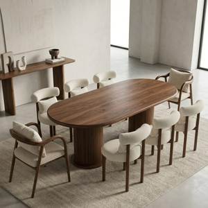 Juego de Comedor Moderno de Lujo en Madera de Teca con Mesa Ovalada y Sillas Tapizadas Elegantes para Interiores Minimalistas Contemporáneos - Product Image 1