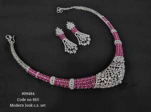 09484 Collar de rubí rosa de diseño con pendientes chapados en rodio, piedra de circonita cúbica, conjunto nupcial moderno de circonita cúbica, moda para bodas - Product Image 6