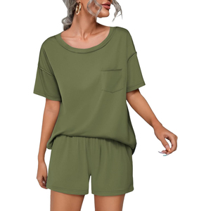 Women's Black 2-Piece <b>Knitted</b> <b>Set</b> Short Sleeve O-Neck Top With Pocket Loose Fit Shorts Casual Breathable Spring Summer Wear - Product Image 2