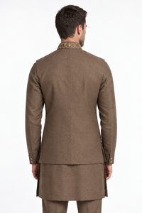 Ensemble de costume Bandhgala en soie/lin jacquard pour homme, vêtements ethniques indiens royaux sur mesure, costume de marié pour mariage et fête, 3 pièces - Product Image 4