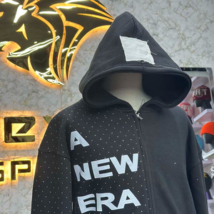 Competitive Price Unique Design Zipper Distressed Hoodie Rhinestone Zip up <b>Jacket</b> Acid Wash Men <b>Fleece</b> Streetwear Hoodie - Product Image 4