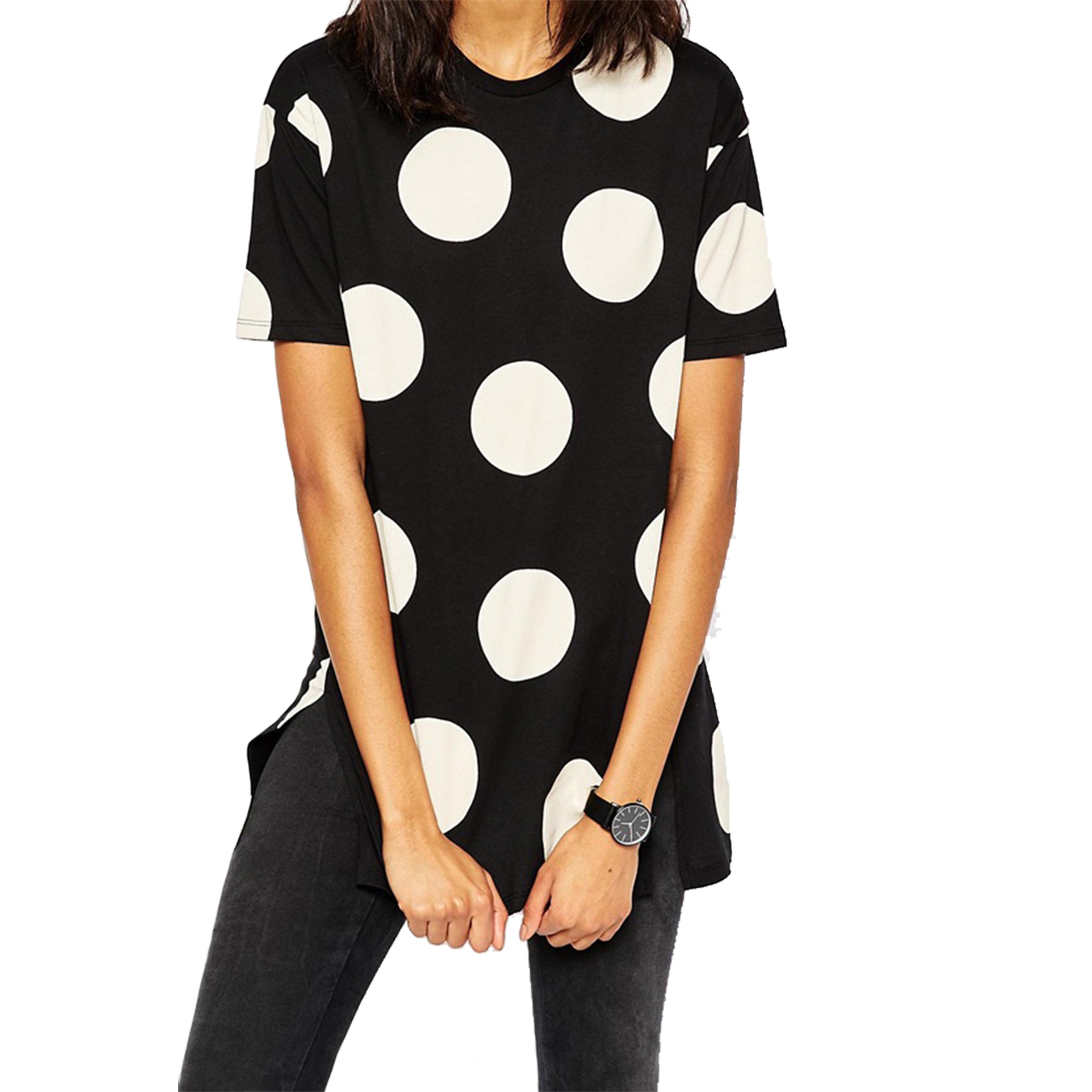 2024 New Style Women's Plus Size Casual Jersey Garment Dyed Lace T-Shirt All-Over Spot Print Sequined Long Line Cut Side Hemline