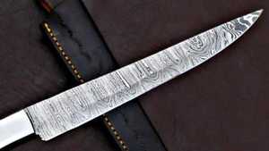13" Inches Hand-Forged Damascus Steel Fillet <b>Knife</b> | Custom Camel <b>Bone</b> <b>Handle</b> Hunting <b>Knife</b> with Brass Pins With Leather Sheath - Product Image 3
