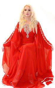 Turkish Muslim <b>Women</b> Red Colour <b>Kaftan</b> Full Loose Fabric Stylish Embroidery and Beads Work on Front Best <b>for</b> Ocassional Wear - Product Image 1