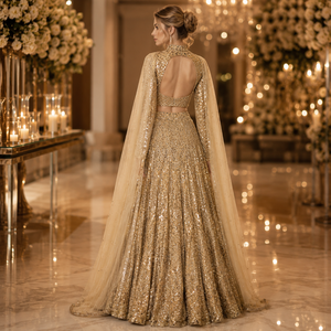 Womens Plus Size Modern Draped Golden Lehenga Choli | Luxury Bridal Lace | Crystal Embellished | Floor Length Line | Wedding - Product Image 4