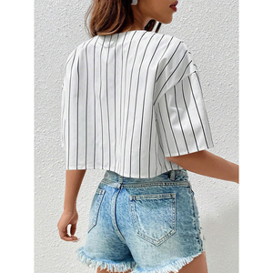 Unisex White Striped Baseball Jersey Short Sleeve Cropped <b>Top</b> <b>Green</b> Baseball Print Number 28 3D Embroidery Silk/Cotton Summer - Product Image 3