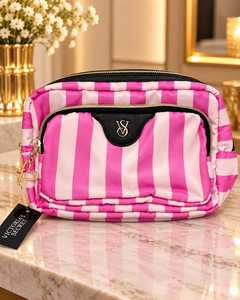 Bolsa de cosméticos de viaje a rayas rosas con cremallera, bolsa de maquillaje de gran capacidad, organizador de artículos de tocador de estilo de diseñador para mujer - Product Image 1