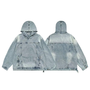 Sudadera con capucha de mezclilla extragrande bordada para hombre, con forro polar y efecto desgastado, estilo urbano, fabricante OEM - Product Image 2