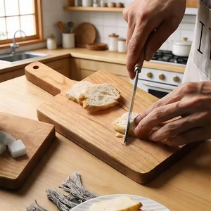 Planche à découper rectangulaire en bois naturel avec poignée intégrée et trou de suspension, épaisseur 1,5 cm, compatible lave-vaisselle - REHMAN CRAFT - Product Image 1