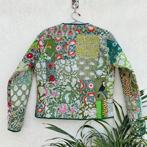 Veste matelassée en coton pour femme, patchwork floral, manches longues, col en V, fermeture boutonnée, vêtement d'extérieur printemps - Product Image 2