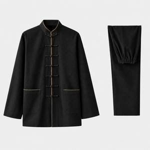 TESSUTO Ensemble de veste d'uniforme d'arts martiaux noir avec passepoil doré, style Tang, col mandarin, boutons grenouille, en polyester et coton - Product Image 1