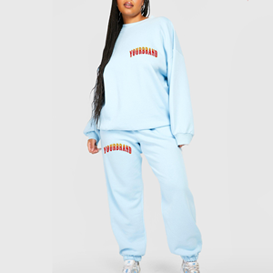 Ensemble de survêtement pour femme léger et respirant, sur mesure, avec logo imprimé personnalisé, 100% coton, 2 pièces, col rond, coupe ample - Product Image 1