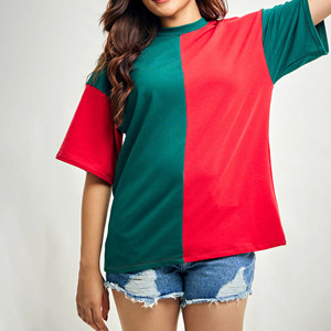 เสื้อยืดคอกลมแขนสั้นทรงหลวมสำหรับผู้หญิง ผ้าฝ้ายเจอร์ซีย์ 100% สีแดงเขียว สไตล์ลำลองสำหรับฤดูร้อน - Product Image 1