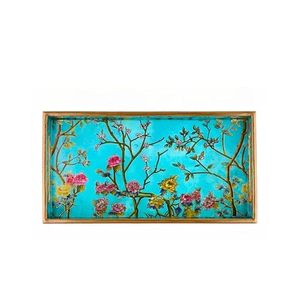 Ensemble de plateaux de service rectangulaires en bois moderne avec motif floral et bordure plaquée or pour la maison, la salle à manger, le bureau - Product Image 4