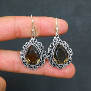 Customised Smokey Quartz LAB-CREATED 925 Sterling Silver <b>Earrings</b> 1.9" Handmade Gemstone Jewelry Antique <b>Fine</b> <b>Earring</b> Gift for W - Product Image 4