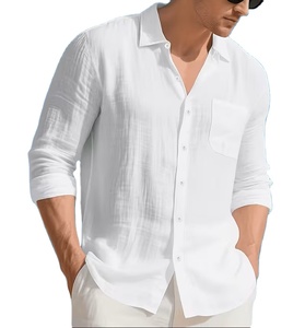 Camisa de Lino de Manga Larga con Cuello Mao, Estilo Americano, Casual, para Hombre, Color Sólido, Transpirable, para Verano, de Bangladesh - Product Image 1