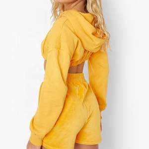 Sweat-shirt à capuche court jaune rayé pour femme, décontracté, à manches longues, avec cordon de serrage - Product Image 6