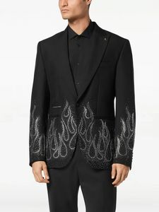 Unisex Luxury Black Rhinestone Flame <b>Suit</b> Blazer Crystal Embellished Evening Party Tuxedo Jacket Luxury Wear - Product Image 1