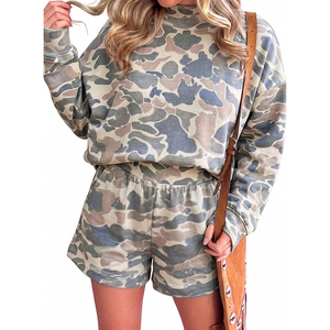 Ensemble 2 pièces pour femmes, sweat-shirt Mockeck uni, short taille haute, coupe ample, décontracté, en coton tricoté pour l'hiver - Product Image 1
