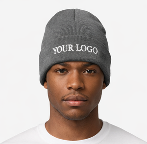 Custom Rib Knit Cuffed <b>Beanie</b> Embroidered Logo Ribbed Knit <b>Beanie</b> Warm Breathable Winter Cuffed Knit Hat - Product Image 1