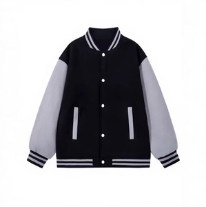 Chaqueta Varsity Unisex Negra y Gris con Bloques de Color, Corte Regular, Estilo Casual, Cuello Camisero, Cierre de un Solo Botón - Product Image 1