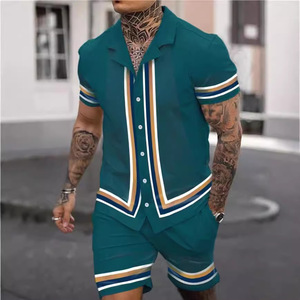 Ensemble chemise et short pour homme, col cubain, formel, uni ou imprimé, tricoté, 100% coton, manches courtes, style urbain, taille mi-haute élastique, été - Product Image 4