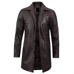 Manteau en cuir pour homme de qualité supérieure, long manteau d'hiver, grande taille, manteau en cuir sur mesure avec col en fourrure, accents boutonnés, confortable - Product Image 2