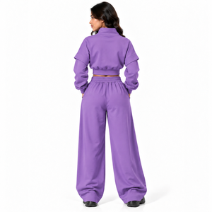 Trendy Purple <b>Women</b> Cropped Full Zip <b>Jacket</b> Wide Leg Sweatpants Tracksuit High Waist Fleece Crop <b>Jacket</b> Two Piece Matching Set - Product Image 2