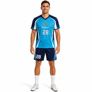 Ensemble maillot et short de football personnalisé Romaa Apparel Co. bleu ciel, marine et blanc, col en V, anti-humidité, unisexe, pour adultes, tenue d'équipe OEM - Product Image 5