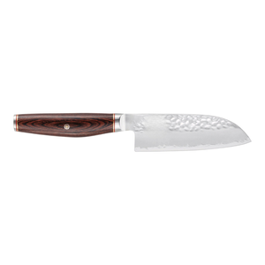 Couteaux de chef avec manches en bois grainé brun et noir et lames martelées argentées pour couper les fruits, les légumes et préparer les aliments - Product Image 1