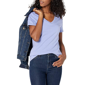 T-shirt décontracté pour femme à manches courtes et col en V, en tissu tricoté 100 % coton, écologique, respirant, pour un usage quotidien estival - Product Image 5