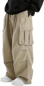 Men Khaki <b>Harem</b> Cargo Pants Elastic Waist Multiple Pockets Casual Loose Fit Breathable Canvas <b>Trousers</b> Autumn Style - Product Image 4