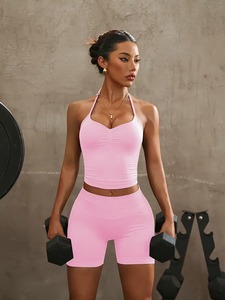 Women 2 Pcs Yoga Suit Halter Ruched Tank <b>Top</b> and <b>Cross</b> Front Shorts Set Seamless Workout Leggings Biker Short Gym Activewear Set - Product Image 6