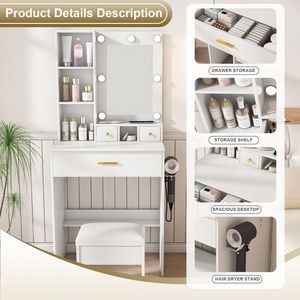 Tavolo da Trucco Compatto con Luce LED Regolabile, Presa di Corrente e Supporto per Asciugacapelli, Sgabello per Spazi Ristretti - Vanità per il Trucco - Product Image 4