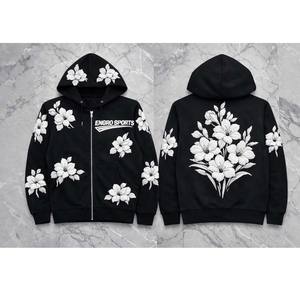 Top Quality Custom Puff Printing <b>Hoodie</b> Zip-Up <b>Black</b> <b>Hoodie</b> OEM Sportswear Manufacturer White Gladiola Flowers Design Hoodies - Product Image 1