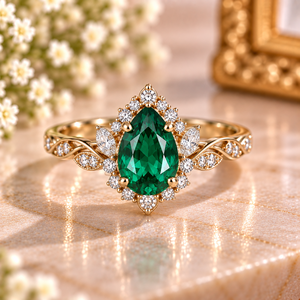 Anillo de Compromiso de Plata de Ley 925 con Baño de Rodio, Diseño Floral de Hojas y Halo, con Esmeralda Creada en Laboratorio con Corte de Pera, Joyería Personalizada - Product Image 1