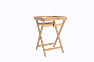 Mesa de té de acacia hecha de madera maciza con una superficie lisa y bordes elevados para servir té y aperitivos. - Product Image 1